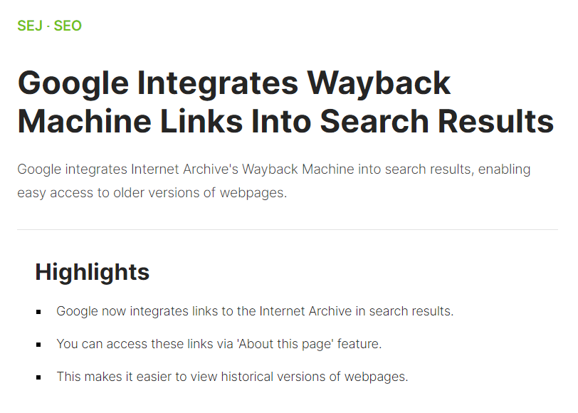 Google Integrates Way Back Machine Links In To Search Results